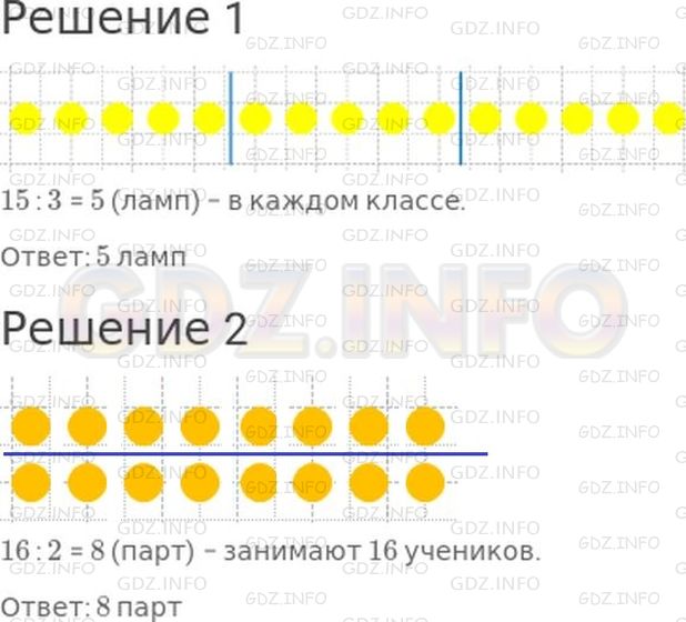 Решение 1: Страница 61 №2, Часть 2 — ГДЗ по Математике 2 класс: Моро М.И. | Сделай к задаче схематический рисунок и реши ее.<br />1) Для освещения трех классов всего потребовалось 15 ламп, во все классы поровну. Сколько ламп в каждом классе?<br />2) За каждой партой в классе сидят 2 ученика. Сколько парт занимают 16 учеников?
