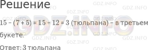 Решение 1: Страница 96 №28, Часть 2 — ГДЗ по Математике 2 класс: Моро М.И. | Катя принесла из сада 15 тльпанов. Она составила 3 букета: первый − из 7 тюльпанов, второй − из 5 тюльпанов. Сколько тюльпанов в третьем букете?