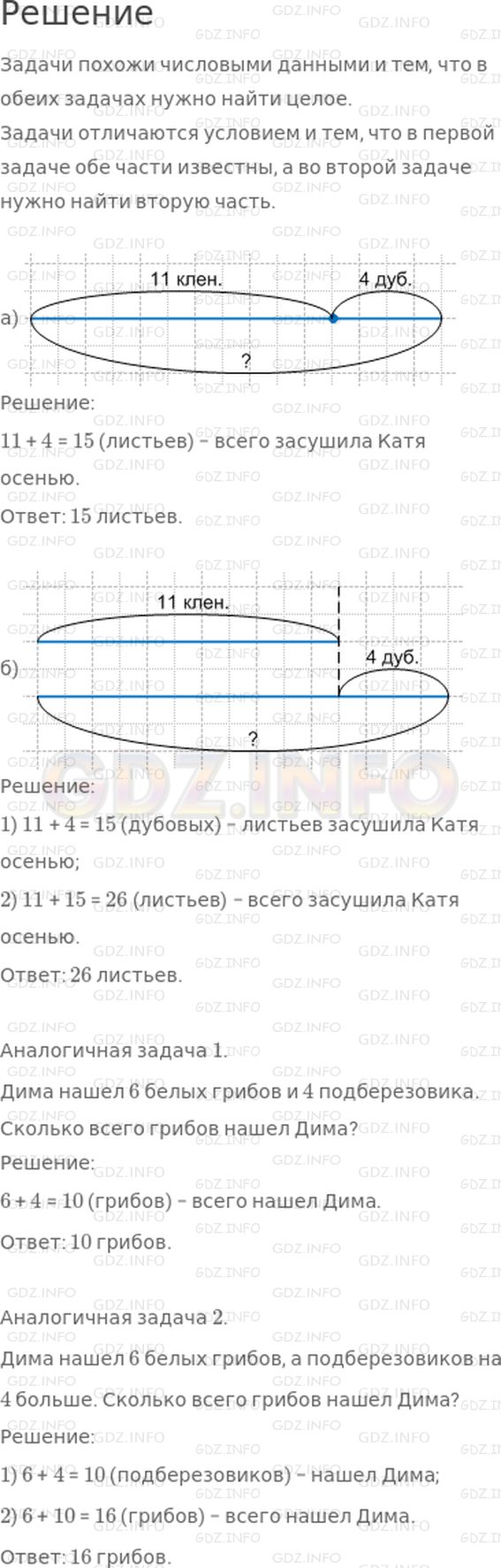 Решение 1: Урок 1 №7, Часть 1 — ГДЗ по Математике 2 класс: Петерсон Л.Г. | Прочитай задачи. Чем они похожи и чем отличаются? Составь схемы к задачам и реши их:<br />а) Осенью Катя засушила 11 кленовых листьев и 4 дубовых. Сколько всего листьев засушила Катя осенью?<br />б) Осенью Катя засушила 11 кленовых листьев, а дубовых − на 4 больше. Сколько всего листьев засушила Катя осенью?<br />Составь и реши аналогичные задачи.