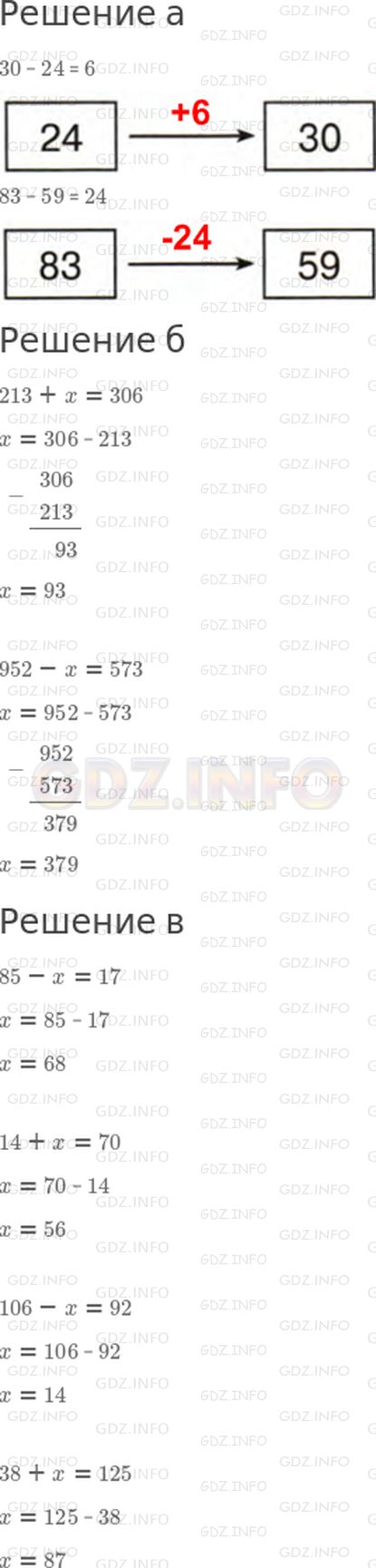 Решение 1: Урок 5 №9, Часть 2 — ГДЗ по Математике 2 класс: Петерсон Л.Г. | а) Что надо записать вместо знака вопроса?<br /><br />б) Пользуясь полученным выводом, составь и реши уравнения:<br /><br />в) Найди неизвестные операции:<br />85 − x = 17<br />14 + x = 70<br />106 − x = 92<br />38 + x = 125
