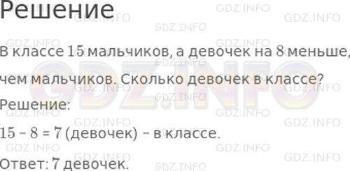Решение 1: Страница 4 №5, Часть 1 — ГДЗ по Математике 2 класс: Дорофеев Г.В. | В классе 15 мальчиков, а девочек на ☐ меньше, чем мальчиков. Сколько девочек в классе?<br />Дополни условие так, чтобы в ответе получилось число, которое меньше 10. Реши задачу.