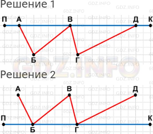 Решение 1: Страница 50 №6, Часть 2 — ГДЗ по Математике 2 класс: Дорофеев Г.В. | На рисунке изображена ломаная АБВГД. Выполни такой же рисунок в тетради. Проведи отрезок ПК так, чтобы множество точек его пересечения с ломаной состояло только из точек:<br />1) А, В, Д;<br />2) Б, Г.