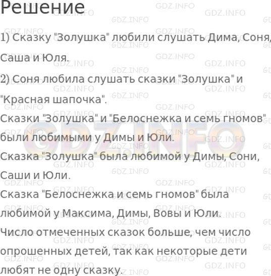 Решение 1: Страница 11 №1, Часть 1 — ГДЗ по Математике 3 класс: Моро М.И. | Костя спросил у своих друзей, какие сказки они любили слушать в детстве. Полученные ответы он записал в таблице.<br /><br />Используя данные этой таблицы, ответь на вопросы:<br />1) Кто из детей любил слушать сказку "Золушка"?<br />2) Какие сказки любила слушать Соня?<br />Назови имена детей, у которых любимыми были сказки "Золушка" и "Белоснежка и семь гномов".<br />Объясни, почему число отмеченных сказок (+) больше, чем число опрошенных детей.