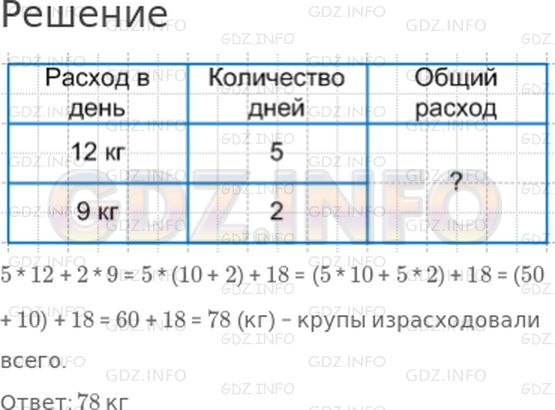 Решение 1: Страница 44 №7, Часть 2 — ГДЗ по Математике 3 класс: Моро М.И. | В столовой 5 дней расходовали по 12 кг крупы, а 2 дня − по 9 кг. Сколько крупы израсходовали за все эти дни?<br />Запиши задачу в таблицу и реши ее.
