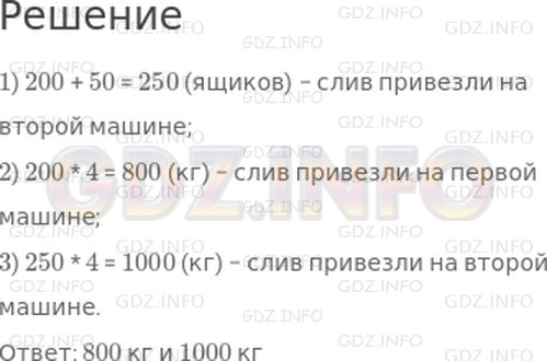 Решение 1: Страница 96 №5, Часть 2 — ГДЗ по Математике 3 класс: Моро М.И. | На одной машине привезли 200 ящиков слив, а на другой − на 50 ящиков больше. Сколько килограммов слив привезли на каждой машине, если в каждом ящике по 4 кг слив?