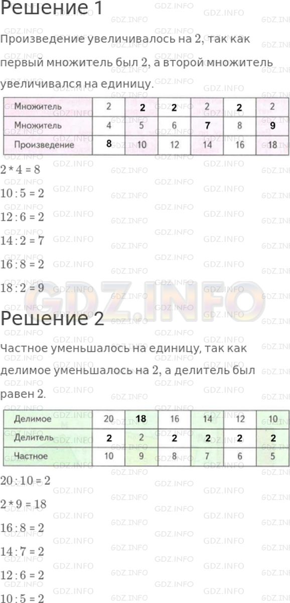 Решение 1: Страница 7 №2, Часть 1 — ГДЗ по Математике 3 класс: Дорофеев Г.В. | Заполни пропуски в таблицах, выполнив вычисления.<br /><br />Объясни, почему:<br />1) произведение увеличивалось на 2;<br />2) частное уменьшалось на единицу.