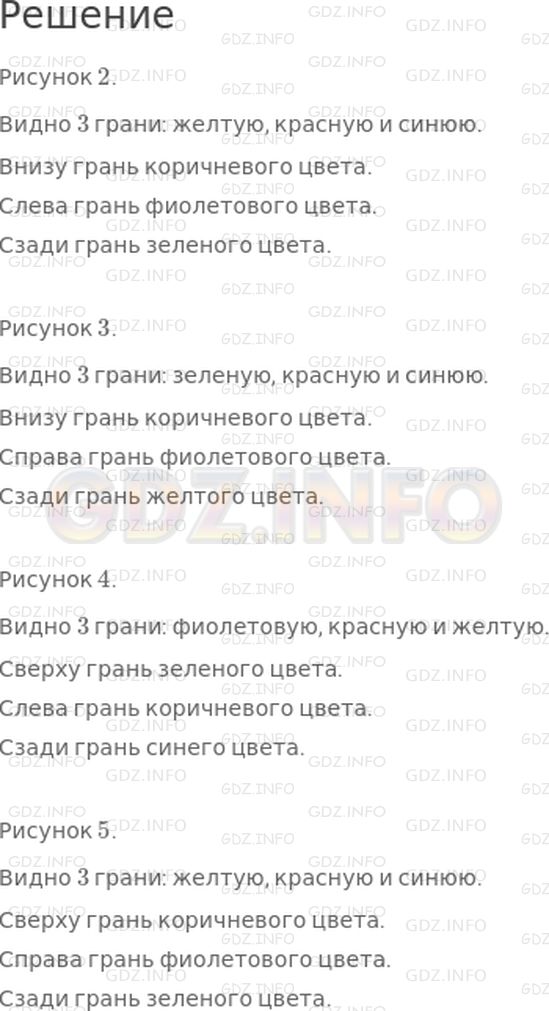 Решение 1: Страница 16 №5, Часть 1 — ГДЗ по Математике 3 класс: Дорофеев Г.В. | Вырежи из приложения такую фигуру, как на рисунке 1.<br />Перегни ее по белым линиям. Получится модель куба.<br /><br />Поставь эту модель так, как показано на рисунке 2.<br />Сколько граней видно?<br />Сколько граней не видно? Каких цветов эти грани?<br />Грань какого цвета внизу? слева? сзади?<br />Ответь на эти же вопросы по рисунку 3; 4; 5.