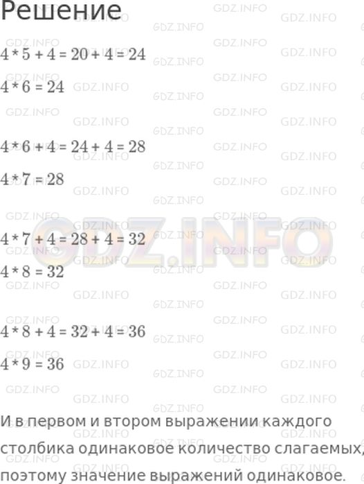 Решение 1: Страница 83 №3, Часть 1 — ГДЗ по Математике 3 класс: Дорофеев Г.В. | Выполни вычисления в первом выражении каждого столбика. Определи значение второго выражения, не проводя вычислений и пользуясь предыдущим результатом.<br />Объясни, почему так можно поступить.<br />4 * 5 + 4 = ☐<br />4 * 6 = ☐<br /> <br />4 * 6 + 4 = ☐<br />4 * 7 = ☐<br /> <br />4 * 7 + 4 = ☐<br />4 * 8 = ☐<br /> <br />4 * 8 + 4 = ☐<br />4 * 9 = ☐
