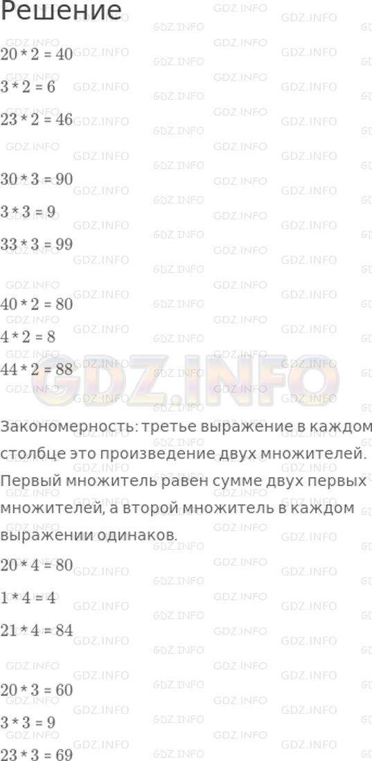 Решение 1: Страница 86 №3, Часть 1 — ГДЗ по Математике 3 класс: Дорофеев Г.В. | Разгадай закономерность, по которой составлены выражения каждого столбика. Какие еще произведения нужно дописать в двух последних столбиках? Выполни вычисления.<br />20 * 2<br />3 * 2<br />23 * 2<br /> <br />30 * 3<br />3 * 3<br />33 * 3<br /> <br />40 * 2<br />4 * 2<br />44 * 2<br /> <br />20 * 4<br />1 * 4<br />...<br /> <br />20 * 3<br />3 * 3<br />...