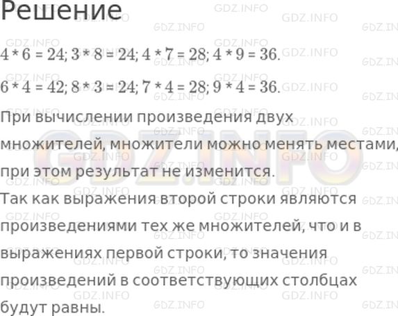 Решение 1: Страница 98 №3, Часть 1 — ГДЗ по Математике 3 класс: Дорофеев Г.В. | Вычисли значения выражений в первой строке. Определи значения выражений второй строки, не проводя вычислений пользуясь уже известными произведениями.<br />4 * 6 = ☐; 3 * 8 = ☐; 4 * 7 = ☐; 4 * 9 = ☐.<br />6 * 4 = ☐; 8 * 3 = ☐; 7 * 4 = ☐; 9 * 4 = ☐.<br />Объясни, почему так можно поступить.
