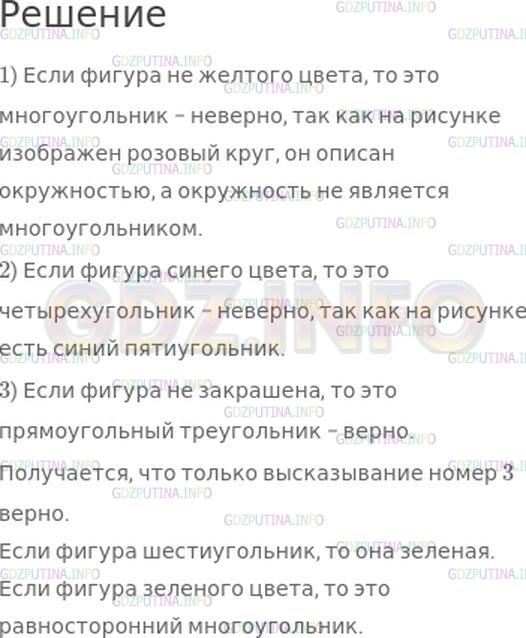 Решение 1: Страница 31 №2, Часть 1 — ГДЗ по Математике 4 класс: Моро М.И. | Выбери все высказывания, верные для этого рисунка:<br /><br />1) Если фигура не желтого цвета, то это многоугольник.<br />2) Если фигура синего цвета, то это четырехугольник.<br />3) Если фигура не закрашена, то это прямоугольный треугольник.<br />Закончи высказывания, верные для данного рисунка:<br />Если фигура шестиугольник, то ... .<br />Если фигура зеленого цвета, то это ... .