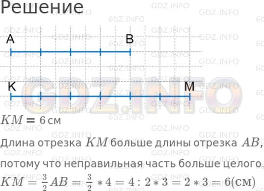 Решение 1: 7 урок №1, Часть 2 — ГДЗ по Математике 4 класс: Петерсон Л.Г. | Начерти отрезок AB = 4 см. Начерти отрезок KM, равный 3/2 отрезка AB. Измерь его длину. Почему длина отрезка KM оказалась больше длины отрезка AB? Как найти длину отрезка KM с помощью вычислений?