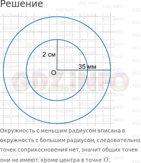 Решение 1: Страница 91 №8, Часть 2 — ГДЗ по Математике 4 класс: Дорофеев Г.В. | Начерти две окружности с центром в точке O так, чтобы радиус одной окружности был 35 мм, а радиус другой − 2 см. Как расположены эти окружности? Имеют ли они общие точки?