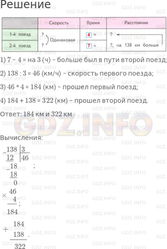 Решение 1: Страница 102 №3, Часть 2 — ГДЗ по Математике 4 класс: Дорофеев Г.В. | Дополни таблицу и реши задачу.<br />Два товарных поезда шли с одинаковой скоростью. Первый поезд был в пути 4 ч, а второй − 7 ч. Второй поезд прошел на 138 км больше, чем первый. Какое расстояние прошел каждый поезд?