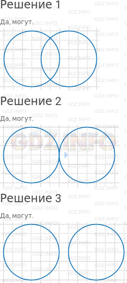 Решение 1: Страница 102 №6, Часть 2 — ГДЗ по Математике 4 класс: Дорофеев Г.В. | Могут ли две окружности одинакового радиуса:<br />1) иметь только две общие точки;<br />2) иметь только одну общую точку;<br />3) не иметь общих точек?<br />Подтверди свои рассуждения с помощью чертежей.
