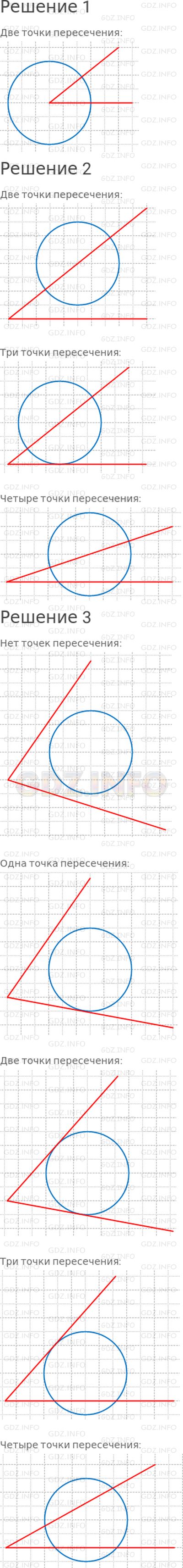 Решение 1: Страница 123 №10, Часть 2 — ГДЗ по Математике 4 класс: Дорофеев Г.В. | Сколько точек пересечения могут иметь окружность и угол, если:<br />1) центр окружности совпадает с вершиной угла;<br />2) центр окружности лежит на стороне угла;<br />3) центр окружности расположен вне сторон угла?<br />Объясни с помощью чертежа.