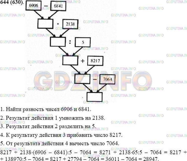 Решение 1: Номер №644 — ГДЗ по Математике 5 класс: Виленкин Н.Я. | Составьте программу вычисления выражения<br />8217 + 2138 * (6906 - 6841) : 5 - 7064.<br />Запишите эту программу в виде схемы. Найдите значение выражения.