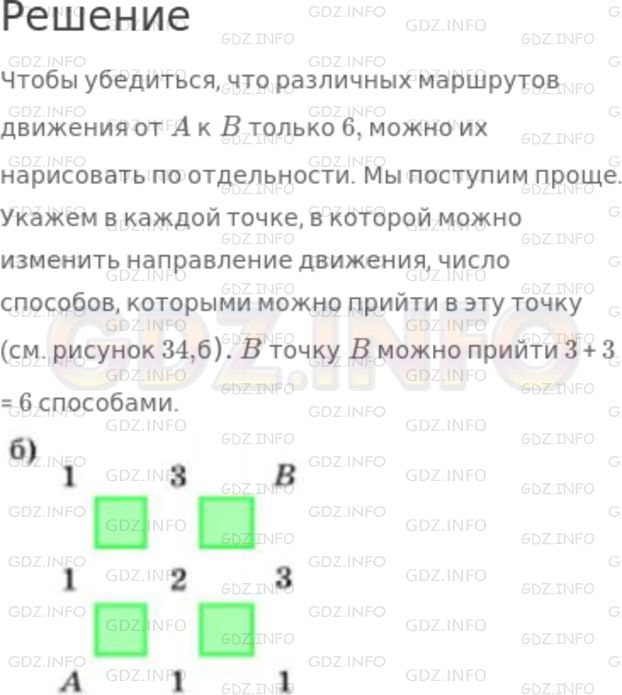 Решение 1: Номер №321 — ГДЗ по Математике 5 класс: Никольский С.М. | Из точки A, показанной на схеме города, надо попасть в точку B, двигаясь только вправо и вверх. На рисунке 34,а показан один из маршрутов движения. Убедитесь, что это можно сделать только 6 способами: