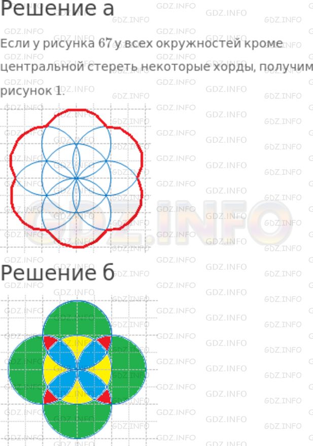 Решение 1: Номер №411 — ГДЗ по Математике 5 класс: Никольский С.М. | на рисунке 68 показан цветок, построенный с помощью циркуля.<br /><br />а) Объясните, как этот рисунок получен из рисунка 67.<br /><br />б) Придумайте свой рисунок цветка. Выполните его на альбомном листе и раскрасьте цветными карандашами или фломастерами.