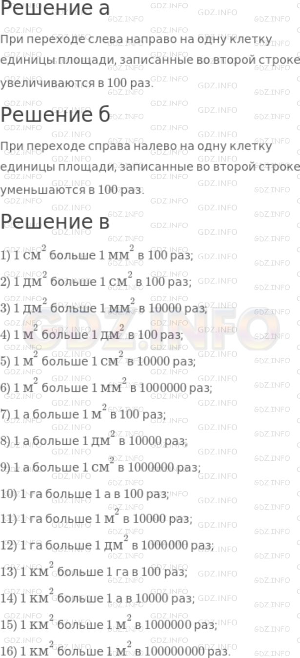 Решение 1: Номер №481 — ГДЗ по Математике 5 класс: Никольский С.М. | Рассмотрите таблицу и ответьте на вопросы:<br /><br />а) Во сколько раз увеличиваются единицы площади, записанные во второй строке таблицы, при переходе слева направо на одну клетку?<br />б) Во сколько раз уменьшаются единицы площади, записанные во второй строке таблицы, при переходе справа налево на одну клетку?<br />в) Во сколько раз:<br />1) 1 см^2 больше 1 мм^2;<br />2) 1 дм^2 больше 1 см^2;<br />3) 1 дм^2 больше 1 мм^2;<br />4) 1 м^2 больше 1 дм^2;<br />5) 1 м^2 больше 1 см^2;<br />6) 1 м^2 больше 1 мм^2;<br />7) 1 а больше 1 м^2;<br />8) 1 а больше 1 дм^2;<br />9) 1 а больше 1 см^2;<br />10) 1 га больше 1 а;<br />11) 1 га больше 1 м^2;<br />12) 1 га больше 1 дм^2;<br />13) 1 км^2 больше 1 га;<br />14) 1 км^2 больше 1 а;<br />15) 1 км^2 больше 1 м^2;<br />16) 1 км^2 больше 1 м^2?