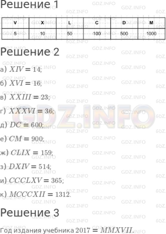 Решение 1: Номер №61 — ГДЗ по Математике 5 класс: Дорофеев Г.В. | 1) Перерисуйте в тетрадь таблицу и заполните её:<br /><br />2) Используя эту таблицу, выясните, какое число записано:<br />а) XIV;<br />б) XVI;<br />в) XXIII;<br />г) XXXVI;<br />д) DC;<br />е) CM;<br />ж) CLIX;<br />з) DXIV;<br />и) CCCLXV;<br />к) MCCCXII.<br />3) Запишите римскими цифрами год издания этого учебника.