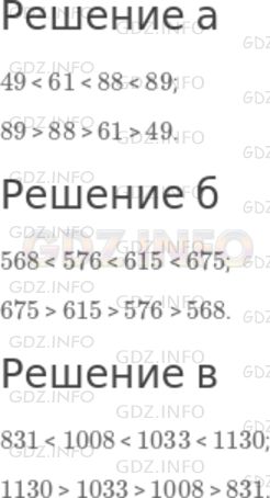 Решение 1: Номер №87 — ГДЗ по Математике 5 класс: Дорофеев Г.В. | Назовите числа сначала в порядке возрастания, а потом в порядке убывания; в каждом случае запишите цепочку неравенств:<br />а) 89, 61 ,88, 49;<br />б) 576, 675, 568, 615;<br />в) 1033, 831, 1130, 1008.<br />Образец: 3 < 7 < 12 < 20, 20 > 12 > 7 > 3.