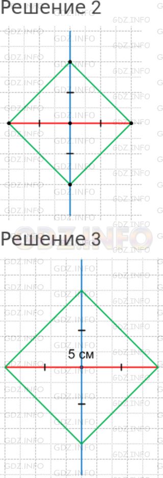 Решение 1: Номер №726 — ГДЗ по Математике 5 класс: Дорофеев Г.В. | 1) Если у вас имеется нелинованная бумага и линейка, но нет угольника или транспортира, то вы можете построить прямоугольник, используя свойства его диагоналей: диагонали прямоугольника равны и точка пересечения диагоналей является серединой каждой из них.<br />Начертим отрезок и отметим его середину (рис. 8.32,а).<br />Проведем через отмеченную точку прямую и "выделим" на ней отрезок той же длины, что и первый, причем так, чтобы его середина совпала с серединой первого отрезка (рис. 8.32,б).<br />Последовательно соединим концы отрезков (рис. 8.32,в). Полученный четырехугольник − прямоугольник.<br /><br />2) Постройте прямоугольника описанным способом на листе нелинованной бумаги.<br />3) Постройте описанным способом прямоугольник, диагональ которого равна 5 см.