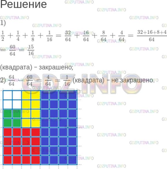 Решение 1: Номер №437 — ГДЗ по Математике 5 класс: Зубарева, Мордкович | Изобразите в тетради такой же квадрат, как на рисунке 79. Закрасьте 1/2 квадрата синим цветом, 1/4 − красным, 1/8 − желтым, 1/16 − зеленым. Какая часть квадрата осталась не закрашенной? Какая часть квадрата закрашена?
