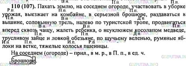 Решение 1: Номер №110 — ГДЗ по Русскому языку 5 класс: Ладыженская Т.А. | Диктант (см. памятку). Обозначьте падеж имён существительных.<br /><br />П..хать землю, на соседн..м3 огород.., уча(?)ствовать в уборк.. урожая, вые..жает на комбайн.., в сер(?)ёзной брош..ре2, разд..ваться в выш..не, солов(?)иную трель, налево по турис(?)ской тропе, продвигаться вперёд скво..ь ч..щу, ж..леть ребёнка, о неуклюж..м косолап..м медвед.., труслив..м зайц.. и ло..кой обез(?)яне, по щ..чьему веленью, нал..вные яблоки на ветк.., тяжёл.. колос(?)я пшеницы.