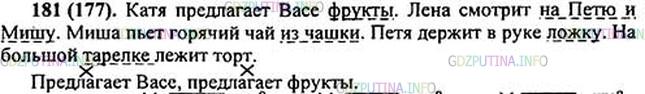 Решение 1: Номер №181 — ГДЗ по Русскому языку 5 класс: Ладыженская Т.А. | Рассмотрите рисунок. Дайте имена всем ребятам. Вставьте в предложения подходящие по смыслу подлежащие и дополнения. Подчеркните условными знаками дополнения и обозначьте те слова, к которым они относятся.<br />(Кто?) предлагает (кому? что?).<br />(Кто?) смотрит (на что?).<br />(Кто?) наливает (что? из чего?).<br />(Кто?) держит в руке (что?).<br />На большой тарелке лежит (что?).