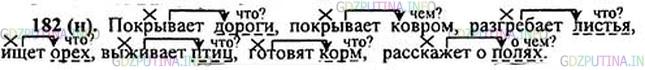 Решение 1: Номер №182 — ГДЗ по Русскому языку 5 класс: Ладыженская Т.А. | Выпишите дополнения вместе с теми словами, от которых они зависят. <br /><br />1. Октябрь покрывает лесные дороги жёлтым ковром. 2. Сойка разгреба..т листья, ищ..т упавший орех. 3. Зима выжива..т перелётных птиц. 4. Бобры готов..т корм. 5. Охотник расскаж..т о пустынных полях.