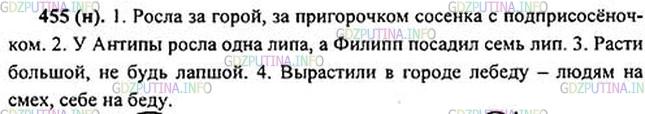 Решение 1: Номер №455 — ГДЗ по Русскому языку 5 класс: Ладыженская Т.А. | Вставьте пропущенные буквы в слова из народных потешек и поговорок. Прочитайте записанные предложения, выделяя голосом вставленные буквы.<br /><br />1. Р..сла за горой, за пригорочком сосенка с подприсосёночком. 2. У Антипы р..сла одна липа, а Филипп посадил семь лип. 3. Р..сти большой, не будь лапшой. 4. Выр..стили в городе лебеду — людям на смех, себе на беду.<br /><br />Не пользуйтесь проверочным словом при написании слов с чередованием гласных в корне!