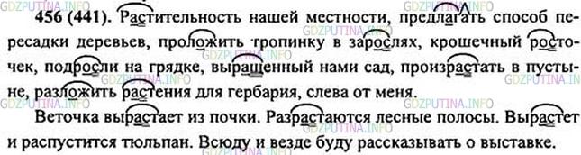 Решение 1: Номер №456 — ГДЗ по Русскому языку 5 класс: Ладыженская Т.А. | Диктант. Обозначьте корни с чередующимися гласными.<br /><br />Р..стительность нашей мес(?)ности, предлагать спосо.. переса..ки деревьев, прол..жить тр..пинку в зар..слях, крошечный р..сточек, подр..сли на гря..ке, выр..щенный нами сад, произр..стать в пустын.., разл., жить р..стения для г..рбария, слева (от)меня.<br /><br />Веточ(?)ка выр..стает из почки. Разр..стаются л..сные пол..сы. Выр..стет и ра..пустит(?)ся тюльпан1. Всюду и везде буду ра(с, сс)казывать о выст..вке.