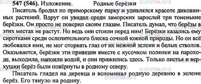 Решение 1: Номер №547 — ГДЗ по Русскому языку 5 класс: Ладыженская Т.А. | Изложение (см. памятку на с. 149). Как описывает писатель берёзы, увиденные им в приморском парке? Что они напомнили ему? Напишите от 3-го лица изложение. Озаглавьте его.<br /><br />Бродил и бродил я по приморскому парку, глазел, дивился и вдруг увидел среди заморских кущ три берёзки толщиной с детскую руку. Глазам своим я не поверил. Не растут берёзы в этих местах. Но они стояли на поляне в густой мягкой травке, опустив долу ветви. Берёзы и в наших-то лесах, если растут поодиночке, сиротами кажутся, а здесь и вовсе затерялись, не шуршали корою, не лопотали листом, и всё-таки от них нельзя было оторвать глаз. Белые стволы берёз пестрели, как весёлые сороки, а на нежной зелени зазубренных листьев было так хорошо, покойно взгляду после ошеломляющего блеска чужеземной, бьющей в глаза растительности.Берёзки эти привезли вместе с травяной полянкой на пароходе, отпоили и выходили их, и они прижились. Но листья берёз лицевой стороной были повёрнуты к северу, и вершины тоже...<br /><br />Я глядел на эти берёзы и видел деревенскую улицу. Козырьки ворот, наличники окон в зелёной пене берёзового листа...(В. Астафьев)