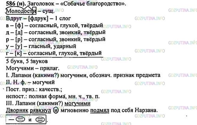 Решение 1: Номер №586 — ГДЗ по Русскому языку 5 класс: Ладыженская Т.А. | Прочитайте. Озаглавьте текст. Устно перескажите его содержание.<br /><br />Иногда приходится наблюдать и удивительнейшее собачье благородство по отношению к слабым.<br /><br />У нашей моськи Бэлы был в молодости2 брат, Нарзан, задорный и самоуверенный, из породы крыловских мосек. На дворе уже в тульском нашем доме был цепной пёс — лохматый, белый, чудовищной величины. Звали его Дворняк. На ночь его спускали с цепи, он на свободе бегал по двору и по саду и густым своим лаем должен был отпугивать воров. Вот раз как-то вечером дворник спустил Дворняка с цепи раньше обычного. Он вбежал в сад. Виляя хвостом, подбежал к нам. Вдруг1 на него с грозным лаем бросился дурак Нарзан, прямо бросился на него, чуть не чтобы драться. Дворняк рявкнул и мгновенно подмял под себя Нарзана.5 Мы замерли: конец Нарзану. Замер от ужаса и сам Нарзан, прижатый спиною к земле могучими3 лапами Дворняка. А Дворняк, оскалив над Нарзаном ужасную пасть, подержал его с минуту под своими лапами и, не тронув зубом, отпустил. Знай, мол, вперёд, на кого бросаться, а я об тебя пачкаться не хочу.(В. Вересаев)