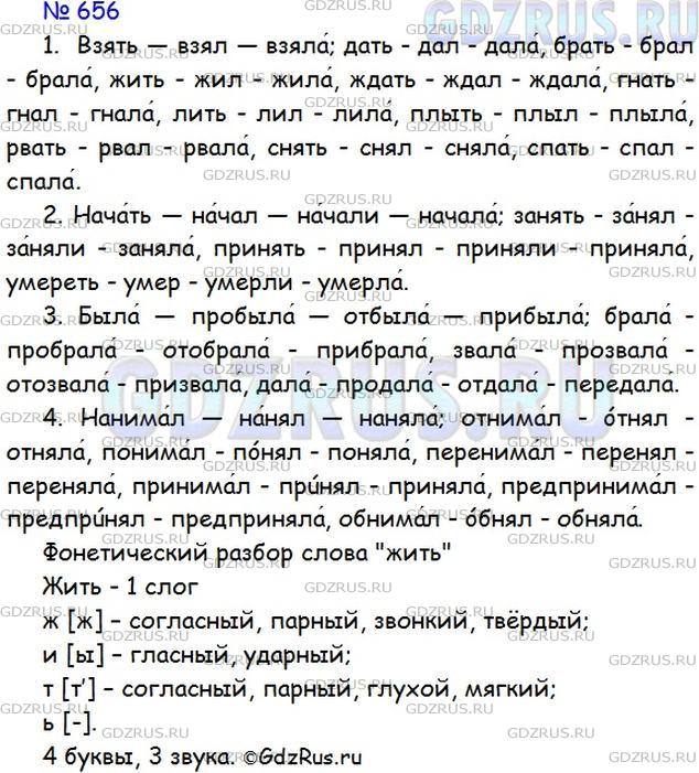 Решение 1: Номер №656 — ГДЗ по Русскому языку 5 класс: Ладыженская Т.А. | Образуйте (устно) глаголы и их формы по образцу. Правильно произносите эти глаголы!<br />Взять — взял — взяла́; дать, брать, жить1, ждать, гнать, лить, плыть, рвать, снять, спать.<br />Нача́ть — на́чал — на́чали — начала́; занять, принять, умереть.<br />Была́ — пробыла́ — отбыла́ — прибыла́; брала, звала, дала.<br />Нанима́л — на́нял — наняла́; отнимал, понимал, перенимал, принимал, предпринимал, обнимал.