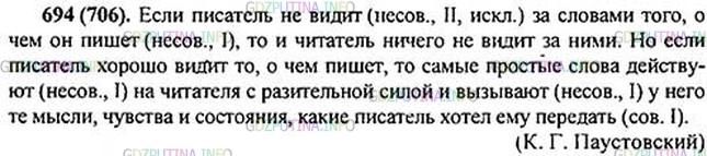 Решение 1: Номер №694 — ГДЗ по Русскому языку 5 класс: Ладыженская Т.А. | Прочитайте текст. Вставьте и подчеркните подходящие по смыслу глаголы. Какой вывод можно сделать из высказывания писателя?<br /><br />Если писатель (не)вид..т за словами того, о чём он - - , то и читатель ничего не - - за ними. Но если писатель хорошо вид..т то, о чём - - , то самые простые слова действуют на читателя с разительн.. силой и вызывают (у)него те мысли, чу(?)ства и состояния, какие писатель х..тел ему передать.(К. Паустовский)