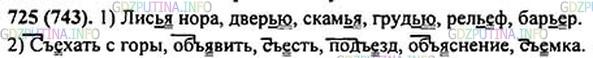 Решение 1: Номер №725 — ГДЗ по Русскому языку 5 класс: Ладыженская Т.А. | Распределите данные слова с разделительными ъ и ь на две руппы. Обозначьте условия выбора этих букв.<br /><br />Лис(?)я (нора), с(?)ехать (с горы), двер(?)ю, об(?)явить, скам(?)я, с(?)есть, грозд(?)ями, рел(?)еф, под(?)езд, объяснение, бар(?)ер, с(?)ёмка.