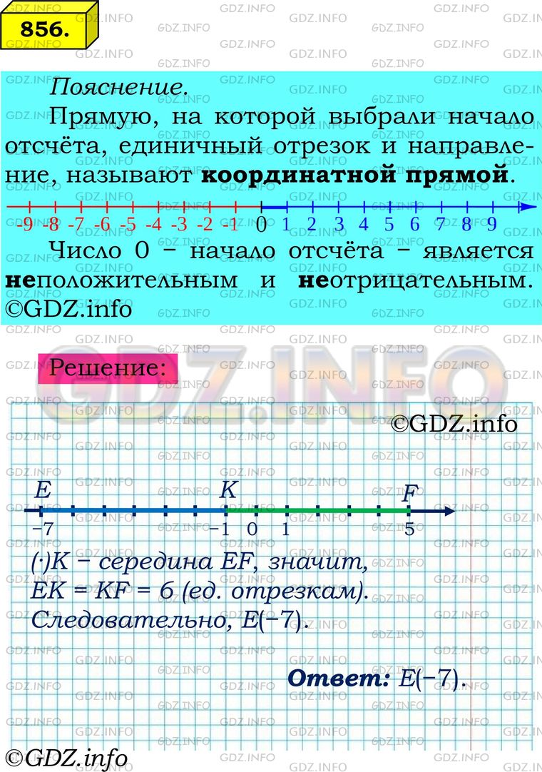 Решение 1: Номер №856 — ГДЗ по Математике 6 класс: Мерзляк А.Г. | Начертите координатную точку прямую и отметьте на ней точки K(−1) и F(5). Найдите на прямой точку E такую, что точка K − середина отрезка EF, и определите координату точки E.