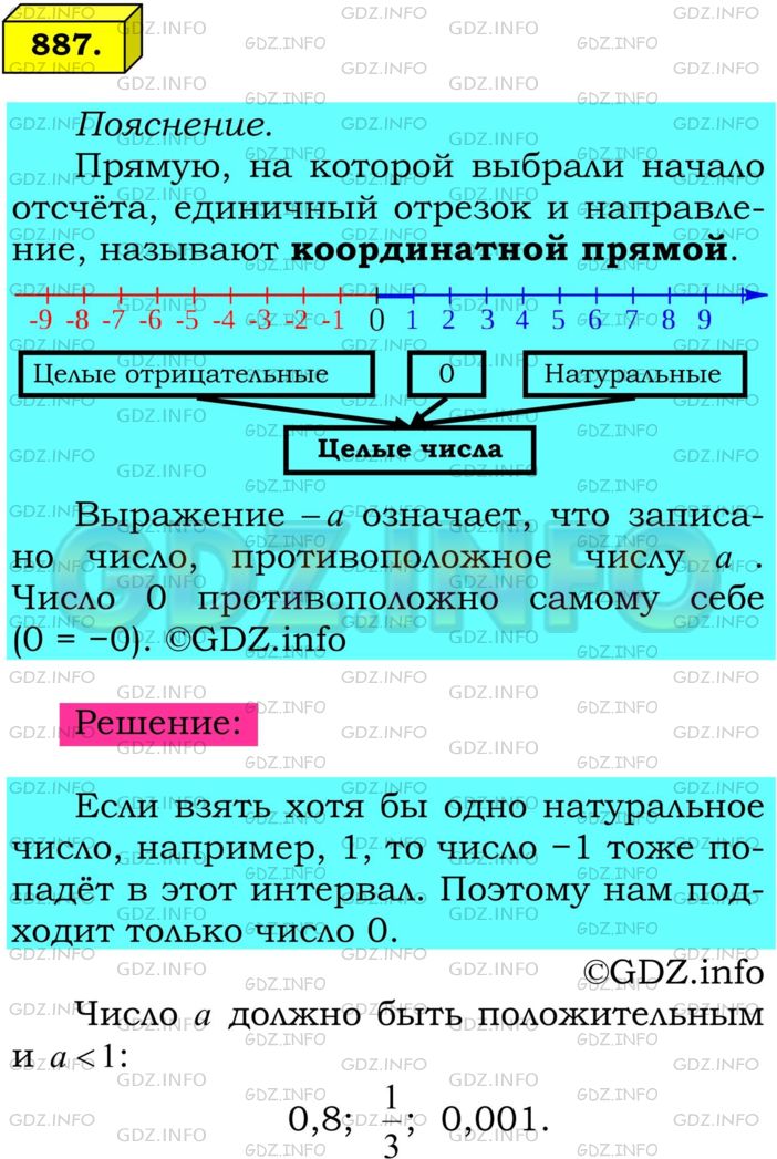 Решение 1: Номер №887 — ГДЗ по Математике 6 класс: Мерзляк А.Г. | Укажите какие−нибудь три значения a, для которых между числами −a и a на координатной прямой лежит только целое число.