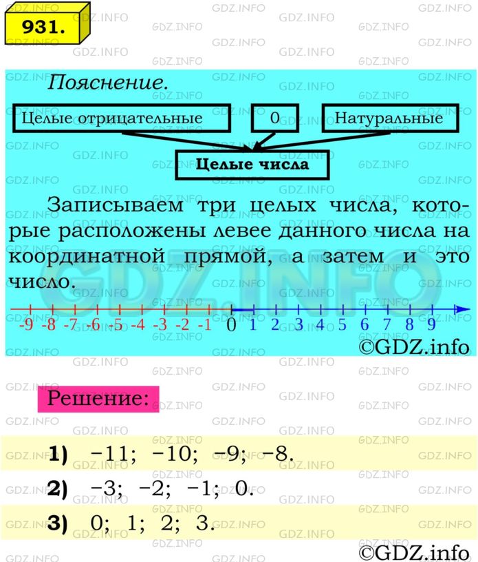 Решение 1: Номер №931 — ГДЗ по Математике 6 класс: Мерзляк А.Г. | Напишите четыре последовательных целых числа, большее из которых равно:<br />1) −8;<br />2) 0;<br />3) 3.