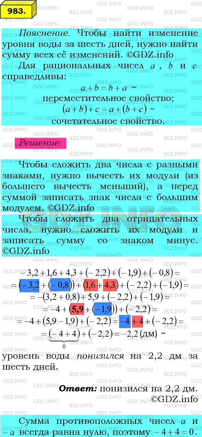 Решение 1: Номер №983 — ГДЗ по Математике 6 класс: Мерзляк А.Г. | В течении шести дней уровень воды в водохранилище изменялся соответственно на: −3,2 дм; 1,6 дм; 4,3 дм; −2,2 дм; −1,9 дм и −0,8 дм. На сколько дециметров изменился уровень воды за шесть дней?