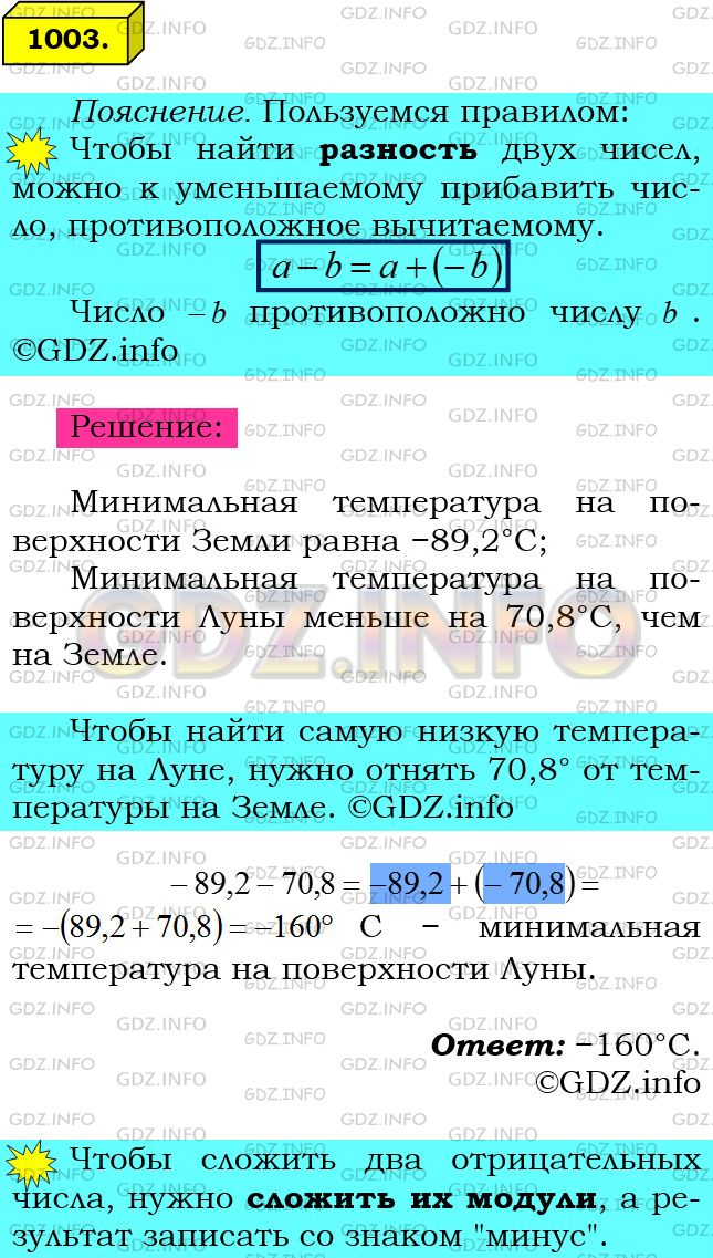 Решение 1: Номер №1003 — ГДЗ по Математике 6 класс: Мерзляк А.Г. | Самая низкая зафиксированная на поверхности Земли температура была равной −89,2°C, что на 70,8°C выше самой низкой температуры, измеренной на поверхности Луны. Чему равна самая низкая температура, зафиксированная на Луне?