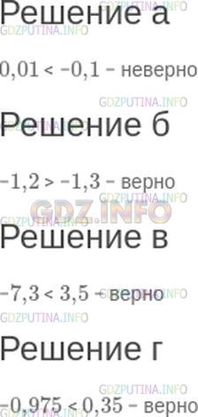 Решение 1: Номер №123 — ГДЗ по Математике 6 класс: Зубарева, Мордкович | (Устно.) Верно ли, что:<br />а) 0,01 < −0,1;<br />б) −1,2 > −1,3;<br />в) −7,3 < 3,5;<br />г) −0,975 < 0,35?