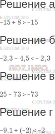 Решение 1: Номер №214 — ГДЗ по Математике 6 класс: Зубарева, Мордкович | Не выполняя вычислений, сравните:<br />а) −15 + 8 и −15;<br />б) −2,3 − 4,5 и − 2,3;<br />в) 25 − 73 и −73;<br />г) −9,1 + (−2) и −2.