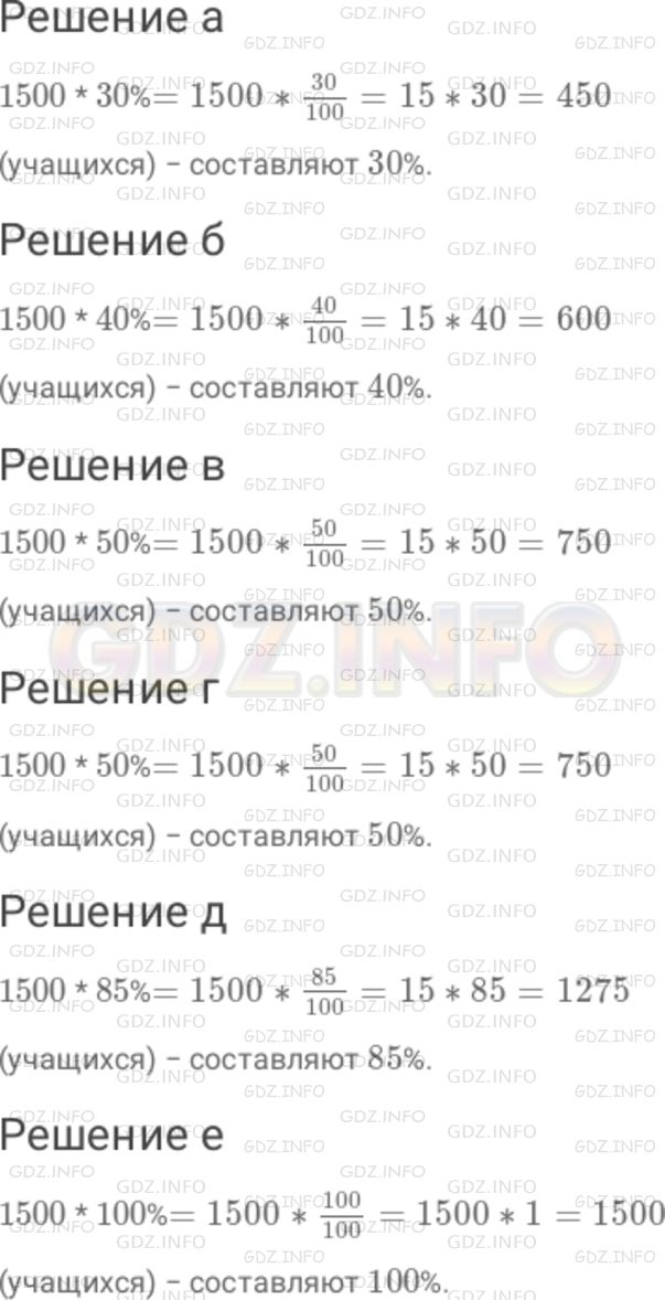 Решение 1: Номер №93 — ГДЗ по Математике 6 класс: Дорофеев Г.В. | В школе 1500 учащихся. Сколько человек от этого количества составляют : а) 30 % ; б) 40 % ; в) 50 % ; г) 55 % ; д) 85 % ; е) 100 %?
