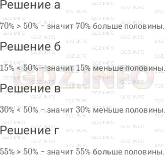 Решение 1: Номер №99 — ГДЗ по Математике 6 класс: Дорофеев Г.В. | Больше или меньше половины составляют : а) 70 % ; б) 15 % ; в) 30 % ; г) 55 %?