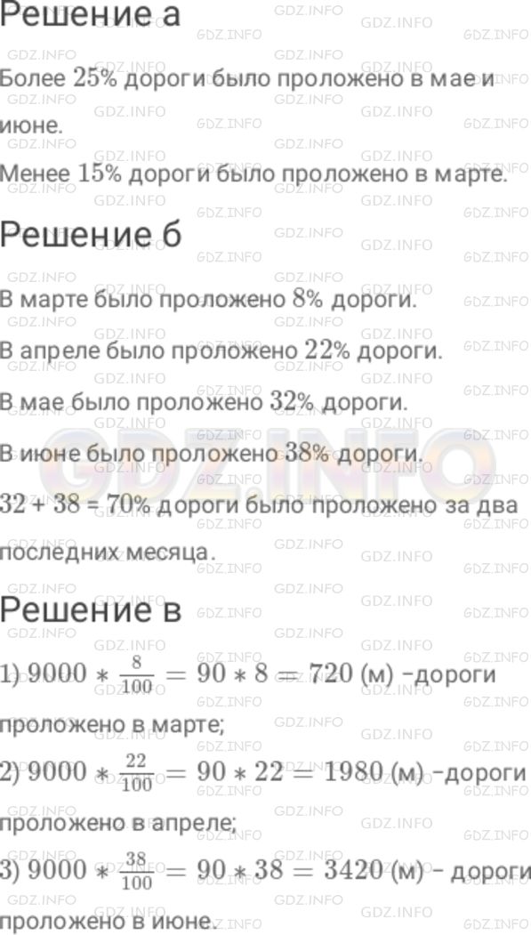 Решение 1: Номер №125 — ГДЗ по Математике 6 класс: Дорофеев Г.В. | Бригада строителей проложила асфальтовую дорогу длиной 9 км за четыре месяца. На диаграмме (рис. 1 . 14 ) показан объем выполненной работы по месяцам. а) В какие месяцы было проложено более 25 % дороги? менее 15 % дороги? б) Какая часть дороги была проложена в марте? в апреле? в мае? за два последних месяца? в) Сколько метров дороги было проложено в марте? в апреле? в июне?