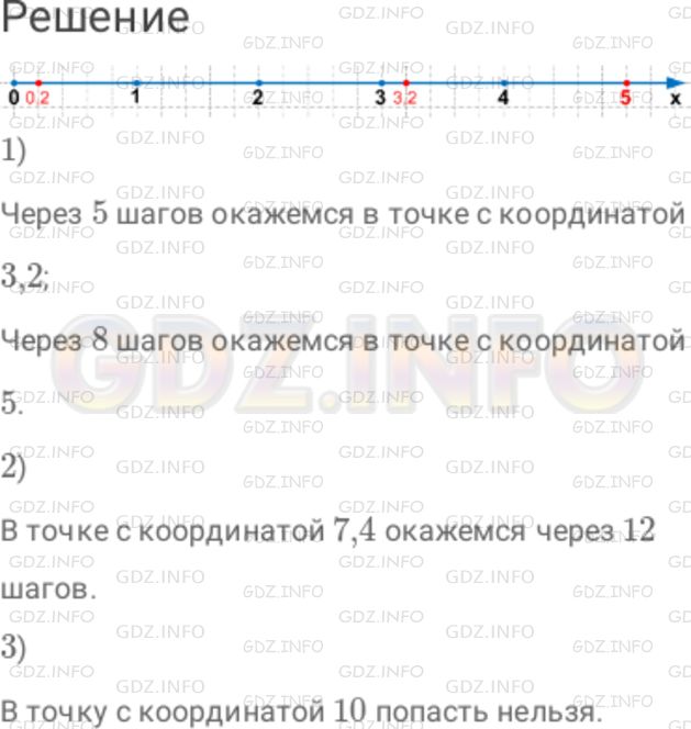 Решение 1: Номер №193 — ГДЗ по Математике 6 класс: Дорофеев Г.В. | Начертите в тетради координатную прямую взяв за единичный отрезок 5 клеток. Отметьте цветным карандашом точку 0,2 . Представьте, что вы "шагаете" по координатной прямой из точки 0,2 в направлении, указанном стрелкой, с шагом, равным 0,6 . 1 ) В какой точке вы окажитесь через 5 шагов ; через 8 шагов? (Отметьте эти точки и подпишите их координаты.) 2 ) Через сколько шагов вы окажитесь в точке с координатой 7,4 ? 3 ) Попадете ли вы в точку с координатой, равной 10 ?