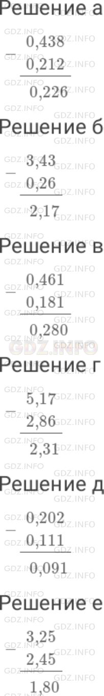 Решение 1: Номер №248 — ГДЗ по Математике 6 класс: Дорофеев Г.В. | Выполните вычитание : а) 0,438 − 0,212 ; б) 3,43 − 0,26 ; в) 0,461 − 0,181 ; г) 5,17 − 2,86 ; д) 0,202 − 0,111 ; е) 3,25 − 2,45 .